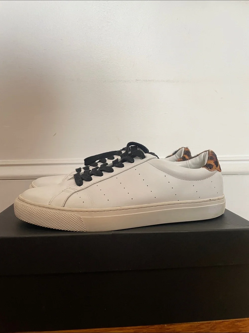 J. Crew Saturday Sneakers. White with Leopard Heel Tab, black & white laces